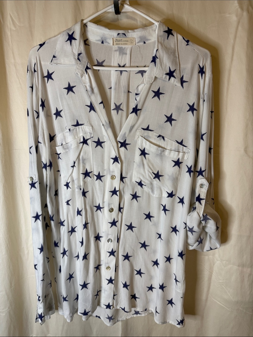 Just Living White Top with Navy Starlet Prints